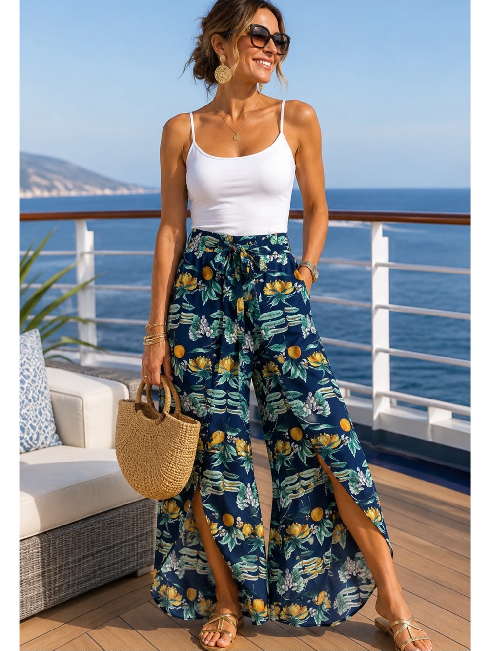 Lost + Wander Limonada Citrus Print Split Culotte Pants Tie Waist Wide Leg Small